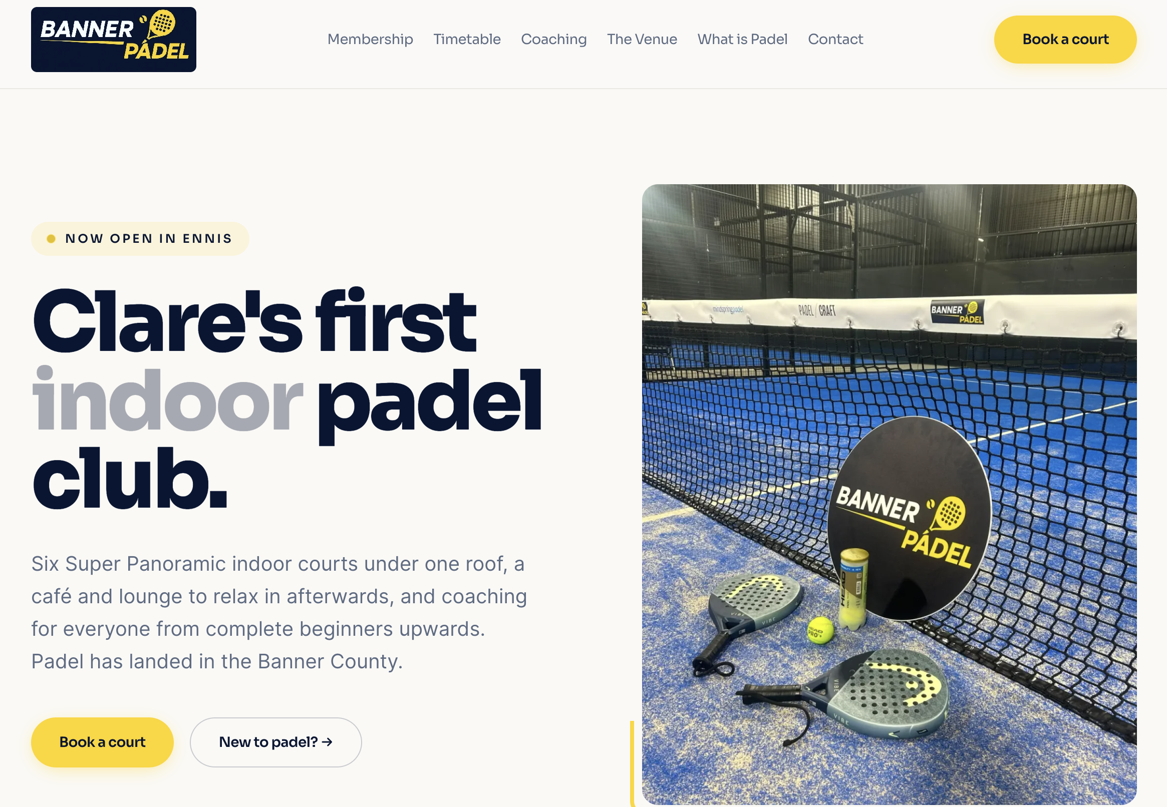 Banner Padel homepage featuring its indoor courts in Ennis, designed by Morey Digital