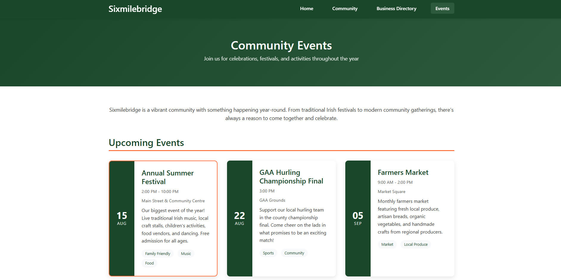 Sixmilebridge Town - Website Project by Morey Digital