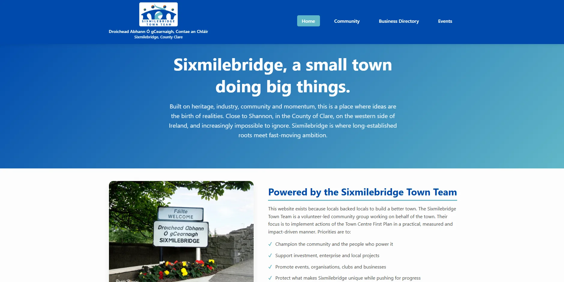 Sixmilebridge Town community website by Morey Digital